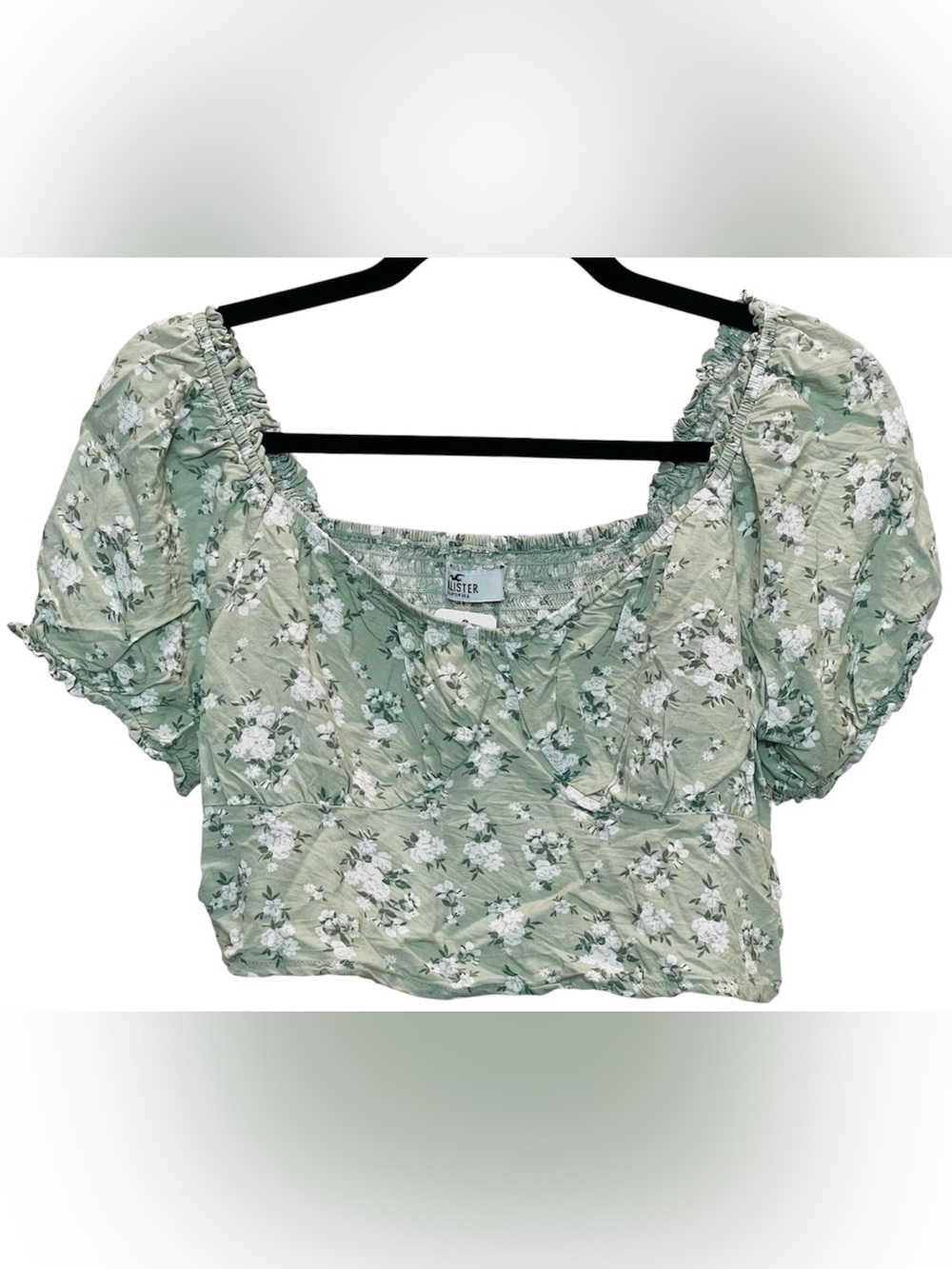 Hollister Peasant Floral Puff Sleeve Crop Top Sage Green Smocked Back Size Large
